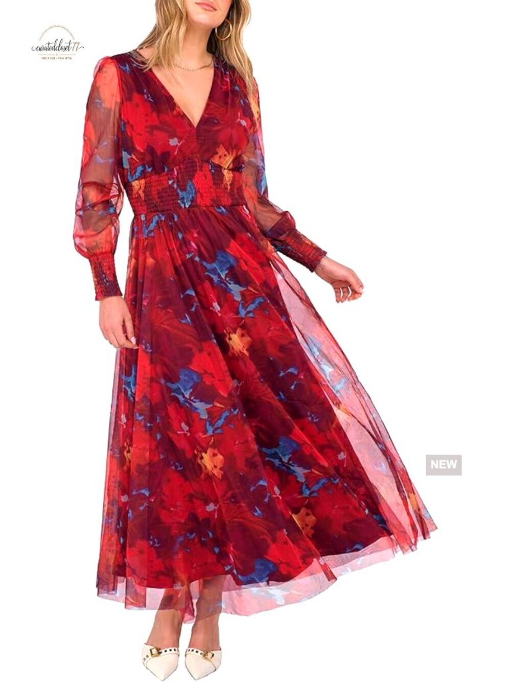 Flowy Maxi Dress with Puff Sleeves V Neck Long Sleeve Casual Wedding Guest